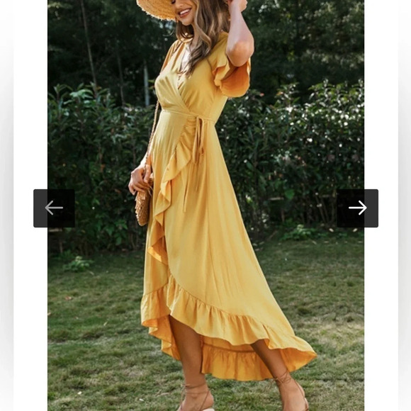 Simplee Women’s Ayla Ruffle Wrap Dress in‎ Mustard V-neck 100% Cotton SZ Small - Picture 3 of 13